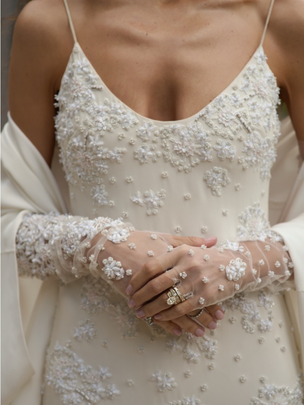 Elegant Beaded Ivory Wedding Dress with Sheer Floral Gloves